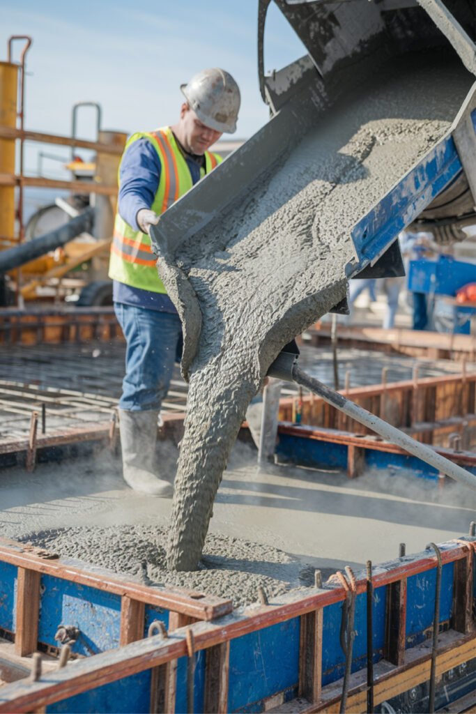 photo construction site with worker pouring concrete into form